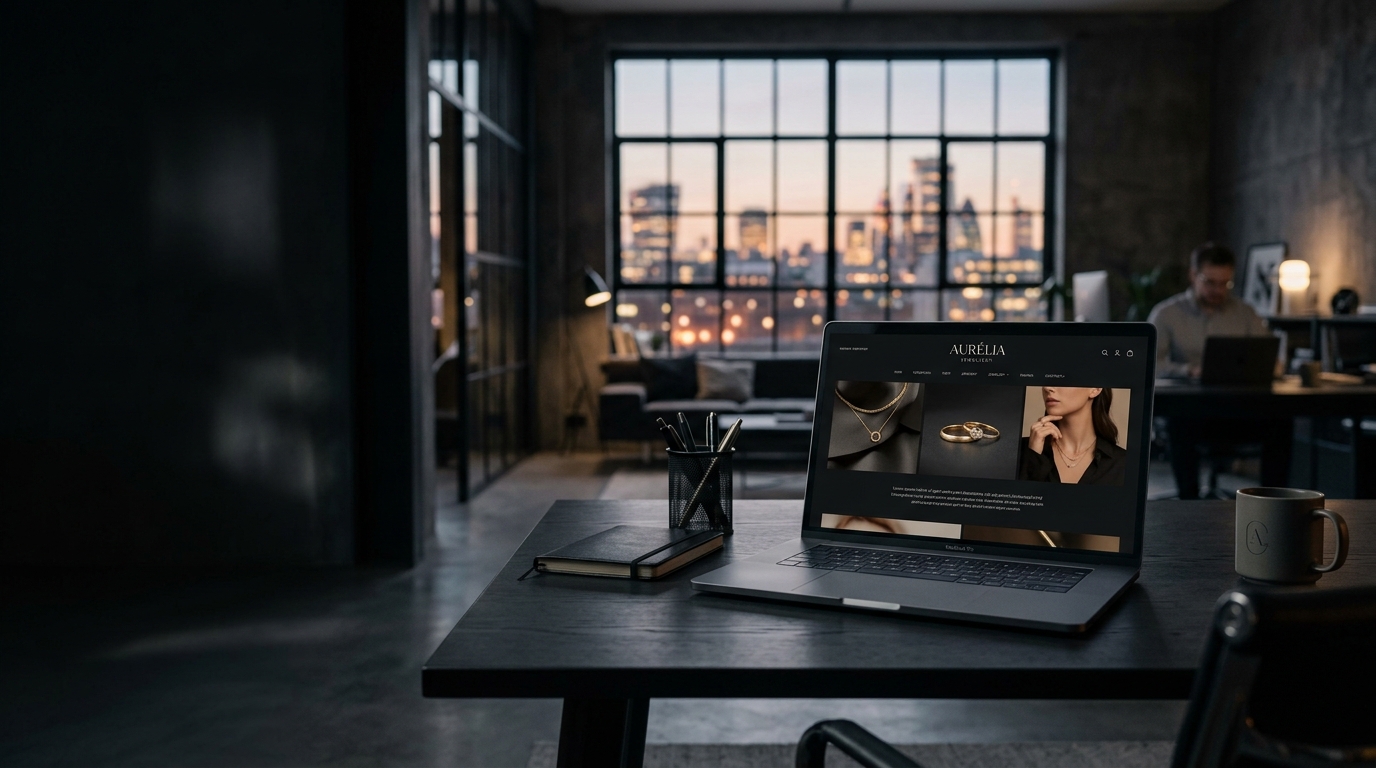 Ambros Studio creative workspace with laptop displaying luxury digital brand